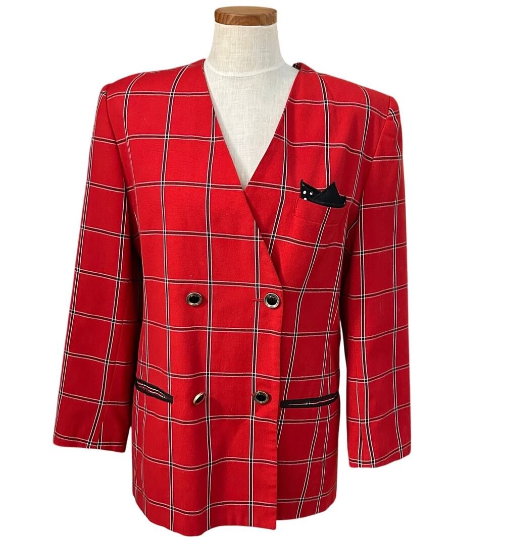 Vtg 90s Red Plaid Double Breasted Blazer Cat Pocket Square Kate McNaughton L 14